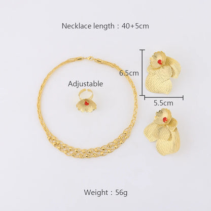 African Luxury Elegant Hollow Flower Shaped Necklace Ring Earrings Set For Party and Wedding Jewelry Set Gift For Women
