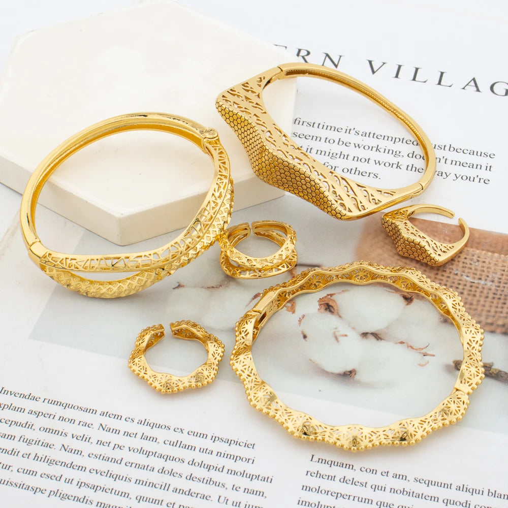 3sets/lot Bangle and Ring Jewelry Set for Women 18k Gold Color Hand Bracelet Finger Ring Set for Engagement Party Jewelry Gifts