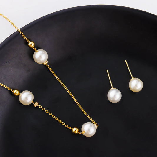 Women Simple Pearl Beads Exquisite Earrings Necklace Gold Color Thin Chain France Gentle Minimalist Daily Wedding Jewelry Set
