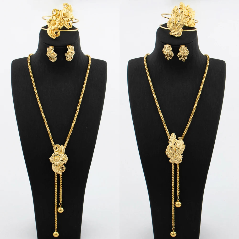 Gold Plated Jewelry Set for Women Adjustable Necklace Flower Shape Copper Earring Bracelet Rings Dubai African Wedding Jewellery