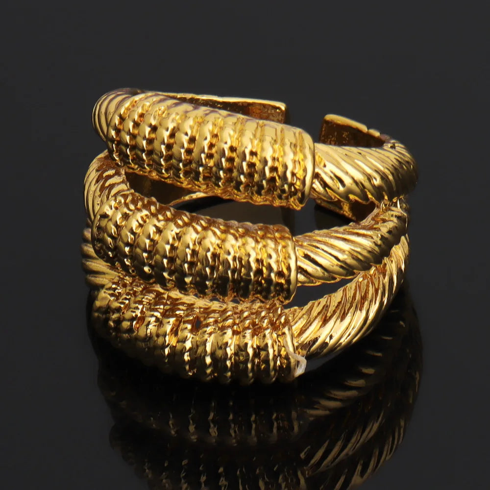 Bangle with Ring Jewelry Set for Party African 18k Gold Color Hand Bracelet Cocktail Ring 2Pcs Set for Engagement Jewelry Gifts