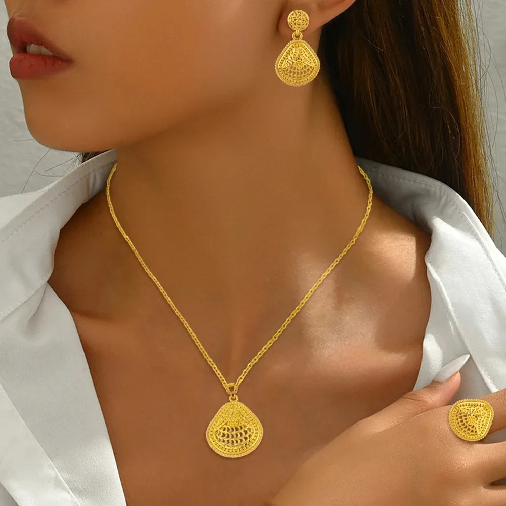 Arabian Gold-Tone Jewelry Set for Women, Earrings Pendant Ring, Moroccan Bridal Beach Wedding Party Gift