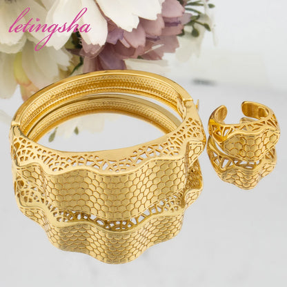 Newest Fashion Bangle Ring 2Pcs Set for Ladies Gold Color Stainless Jewellery Ethiopian Daily Wear Bracelets Rings Jewelry Set