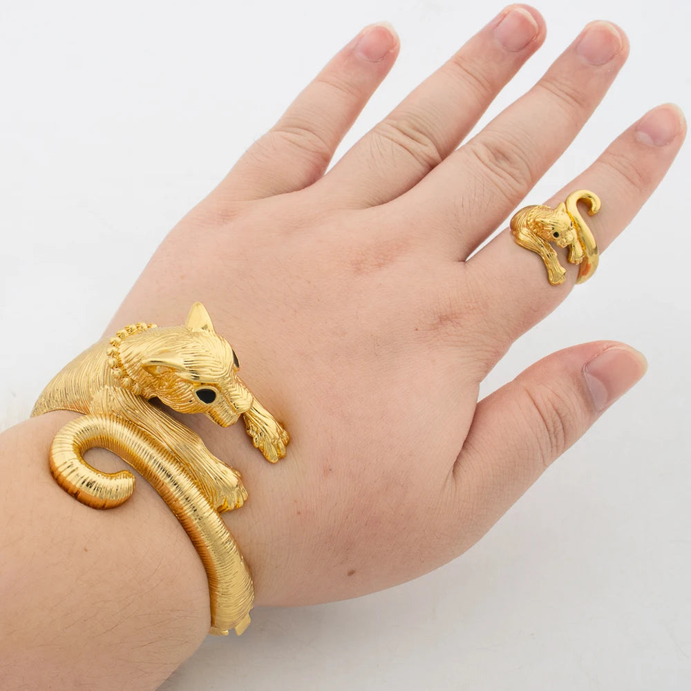 Exaggerate Leopard Bangle with Ring Jewelry Set for Women Dubai Gold Color Cuff Bangle Twisted Jewelry 2Pcs Set for Gifts
