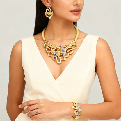 Colorful Zircon Jewelry Sets Exquisite Round Necklace Fashion Women Earrings Artificial Stone Cuff Bangles Ring Jewellery Gifts