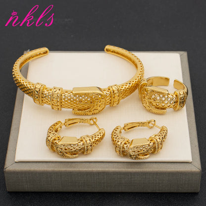 Luxury Gold-Plated Set for Bride | Spiral Clip Earrings Necklace Bracelet Ring Engagement Party Gift Women