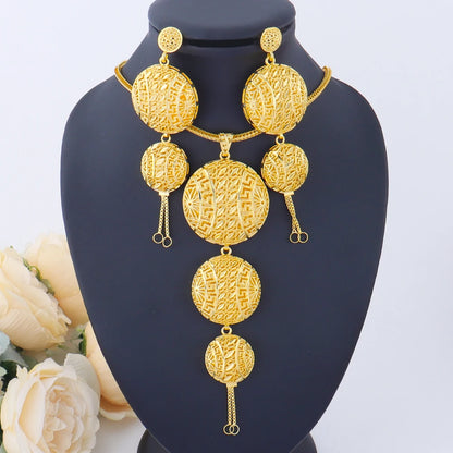 Dubai Gold Color Jewelry Set For Woman Bridal Spain Gold Plated Chain Necklace Charms Earrings Jewellery Set for Party Gift