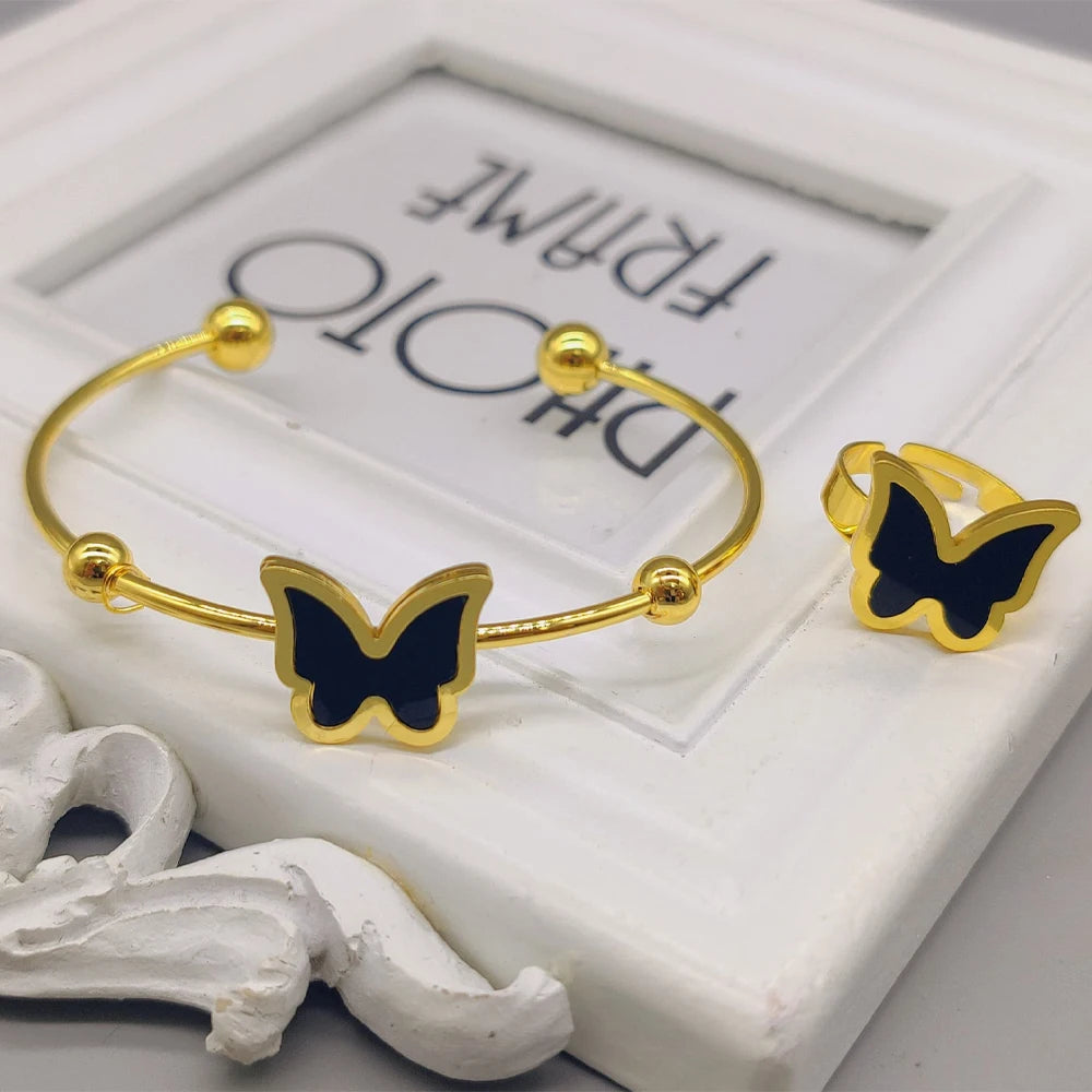 Stainless Steel Women's Gold Plated Bracelet Set, Gothic Ring Double Sided Black Butterfly Promotional Jewelry Set