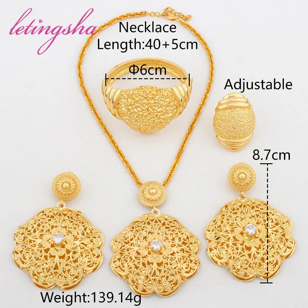 Nigerian Gold Plated Jewelry Set Luxury Copper Necklace Earrings Bangle Ring Set Dubai Fashion Bride Wedding Trendy Jewellery