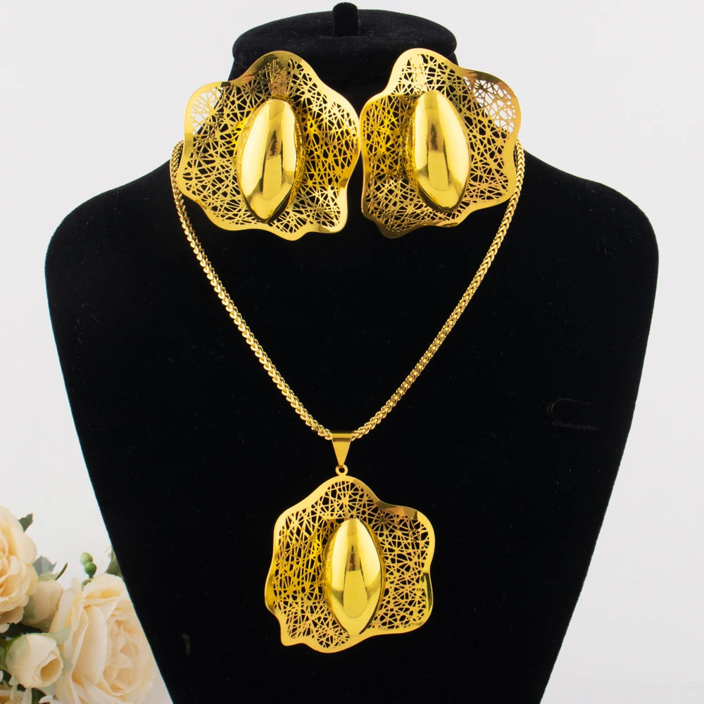Dubai 24k Gold Plated Jewelry Sets for Women Indian Bridal Costume Necklace Earrings SetNigerian Wedding Party Gifts Wholesalers
