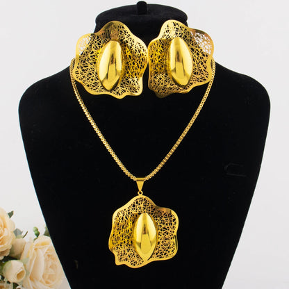 Dubai 24k Gold Plated Jewelry Sets for Women Indian Bridal Costume Necklace Earrings SetNigerian Wedding Party Gifts Wholesalers