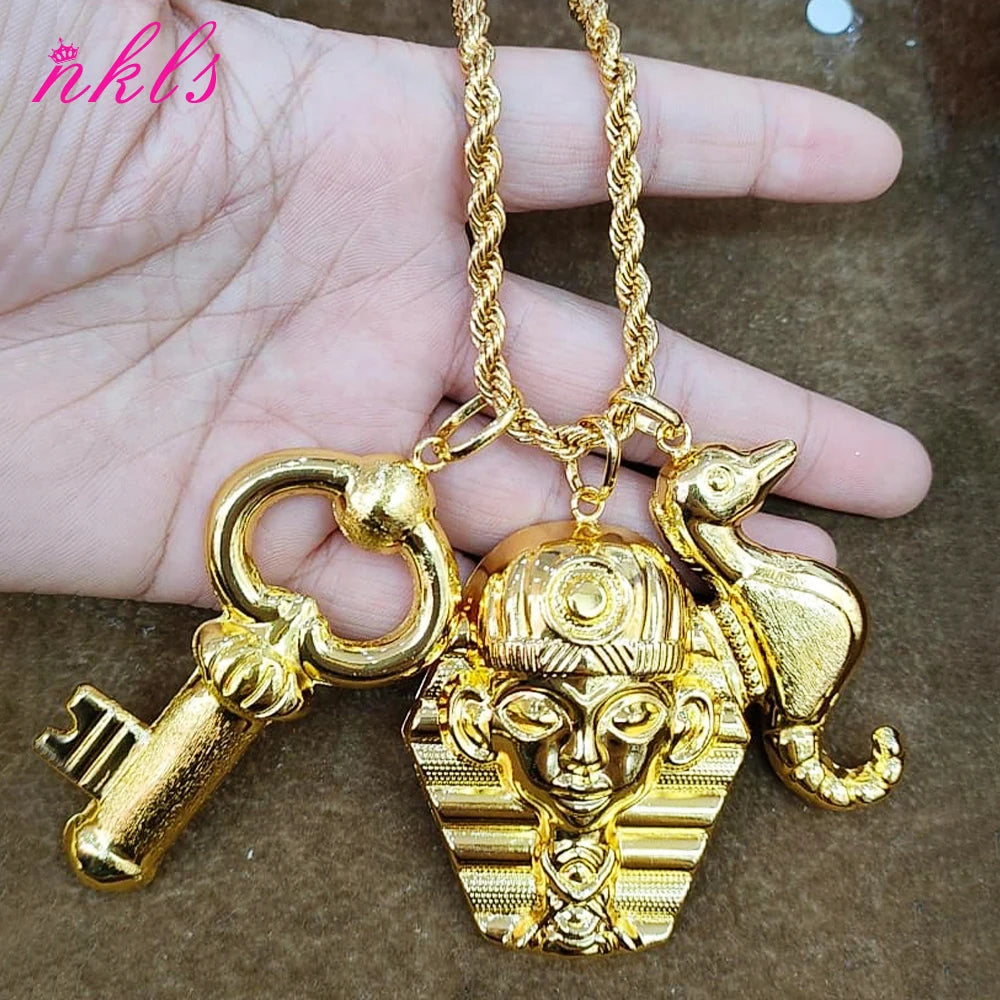 Plated African Dubai Men Head Pendant Necklace 60cm Chain Hip Hop Jewelry Gift