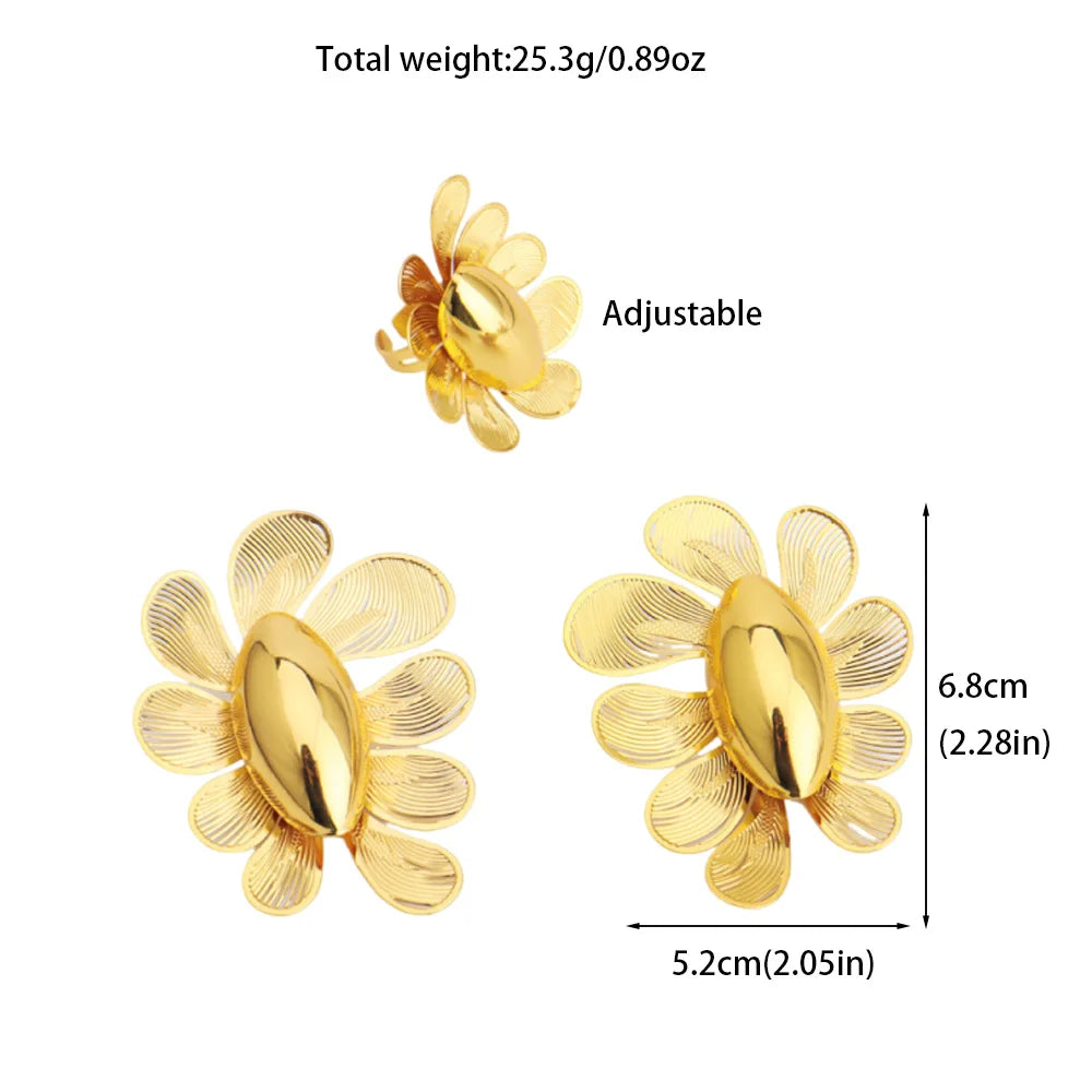 18K Gold Plated Nigeria Flower Open Ring & Earrings Set, Luxury Metal Jewelry for Women, Party Mother’s Day Gift, Fashion Jewel