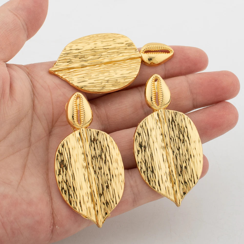 Advanced Metal Textured Leaf Pendant Big Earrings Ring Gold Color Geometry Drop Jewellry Women's Exaggerated Fashion Jewelry