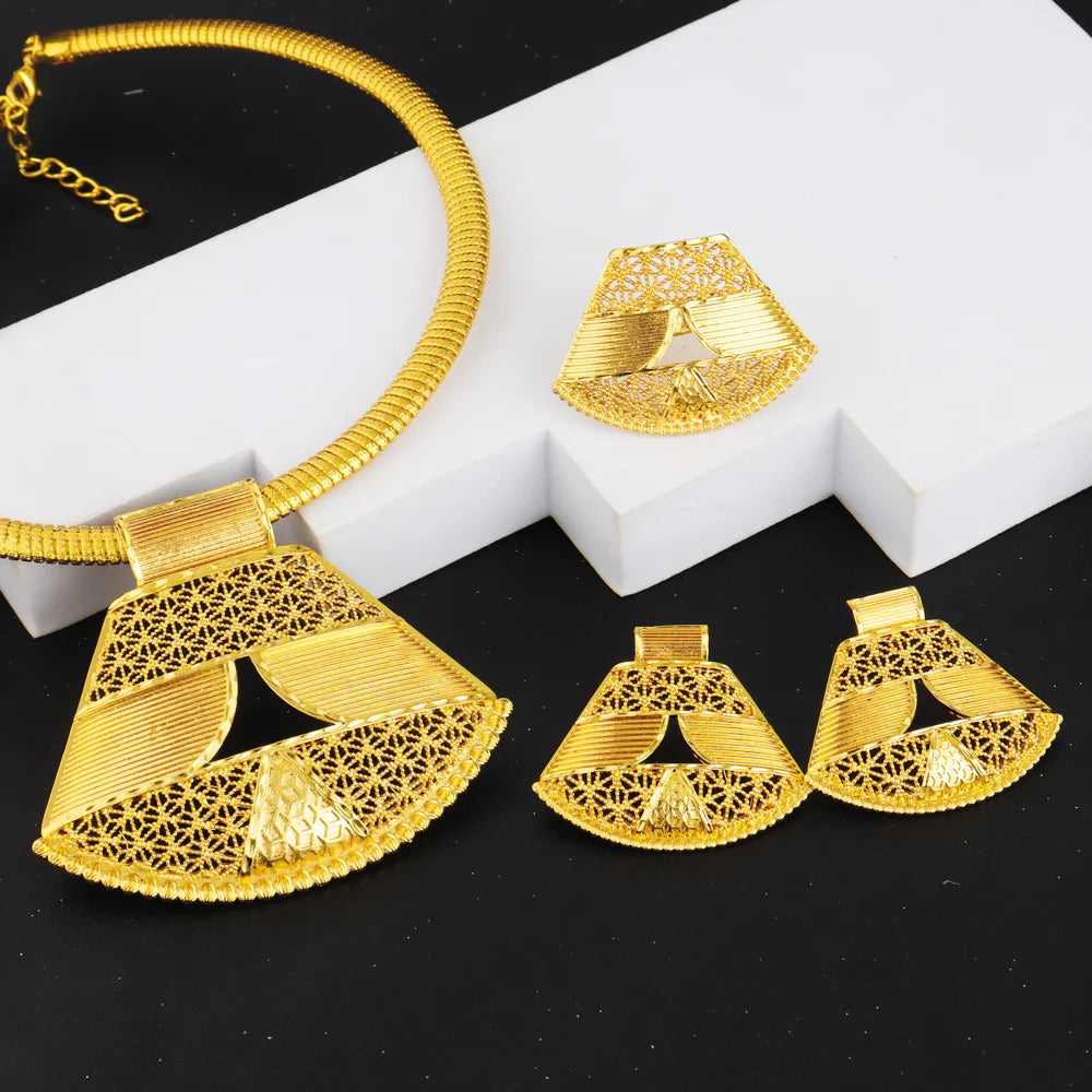 Dubai Elegant Ladies Geometric Fan-Shaped Gold-Plated Earrings Necklace Set Clavicle Chain Ear Hook for Women Holiday Gift