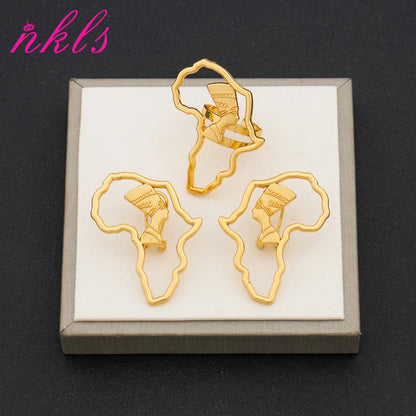 New Luxury Jewelry Set Bride Wedding Color African Map Hollow Design Human Head Earrings Ring 2Pcs Set Banquet Jewelry Gift