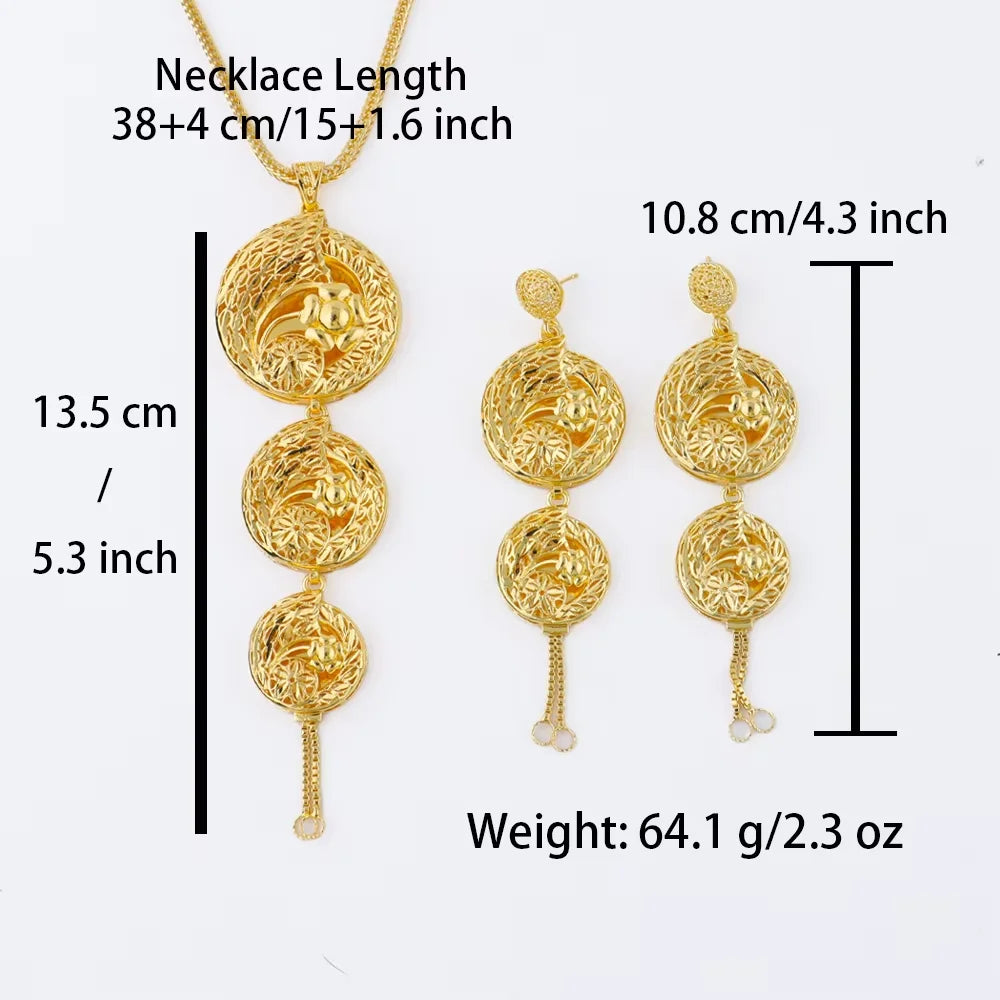 18K Gold Plated Dubai Inspired Jewelry Set for Women with Complex Flower Design Chain Necklace Charms Earrings - Perfect for Par