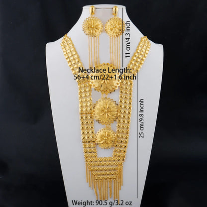 24K Gold Color Long Chain Necklace Earrings Set New Indian Nigerian Bridal Wedding Ethiopian Luxury Party Jewelry Wholesale Gift