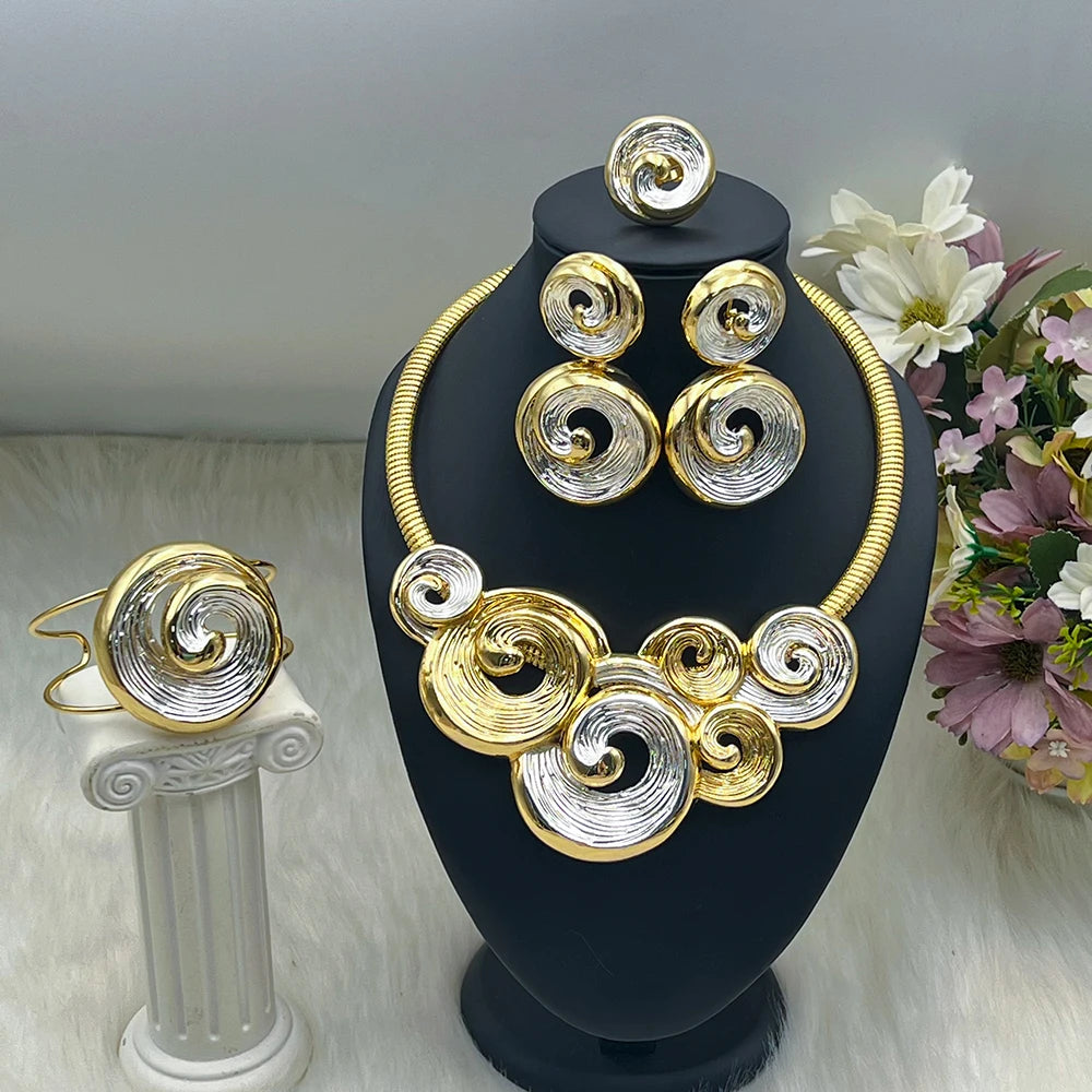 Fashionable Summer Vacation Jewelry Set for Women Ocean Sea Wave Shape Earring Necklace  Exaggerated Ring Bangle for Beach Party
