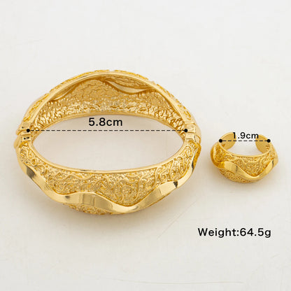 Gold Color Bangle with Ring Set for African Ladies Weddings Hand Bracelet Cocktail Ring 2Pcs Set for Engagement Brazilian Gift