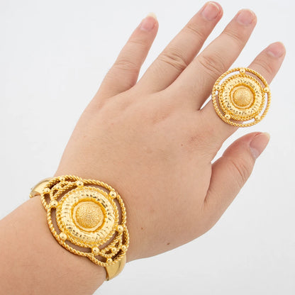 Brazilian Gold Plated Bangle with Ring Jewelry for Ladies Exquisite Flower Design Hand Bracelet Finger Ring 2Pcs Set for Party