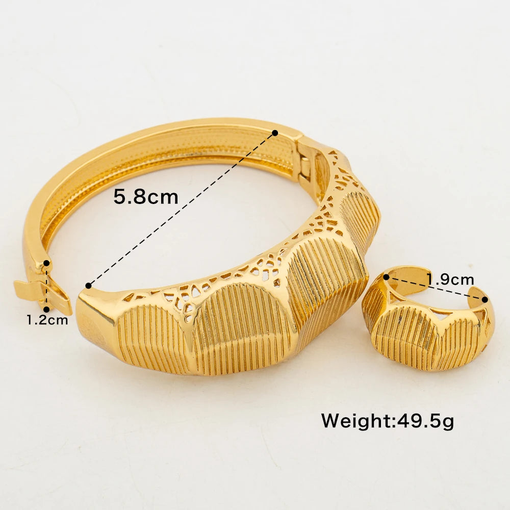 Dubai Gold Plated Bangles Rings Set for Women Thick Stripes Charm Bracelet Open Ring Nigerian Wedding Jewelry Anniversary Gifts