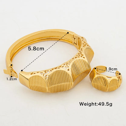 Dubai Gold Plated Bangles Rings Set for Women Thick Stripes Charm Bracelet Open Ring Nigerian Wedding Jewelry Anniversary Gifts