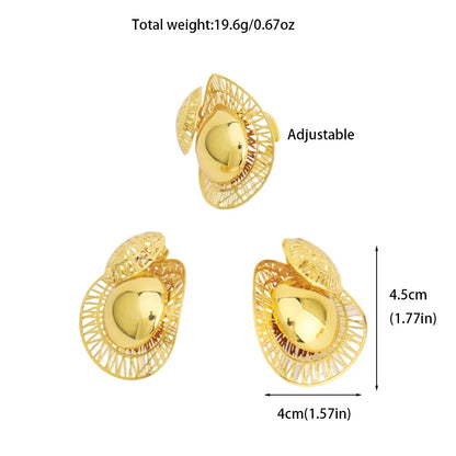 18K Gold Plated Nigeria Flower Open Ring & Earrings Set, Luxury Metal Jewelry for Women, Party Mother’s Day Gift, Fashion Jewel