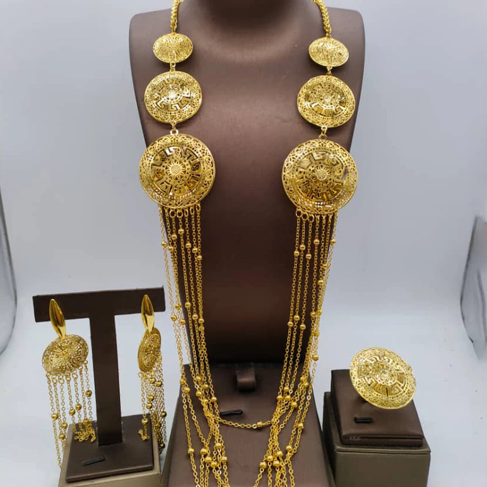 Fashion Dubai Gold Color Jewelry Set For Women African India Long Chain Tassels Necklace Earrings Ring New Evening Party Gift - YUEMING JEWELRY