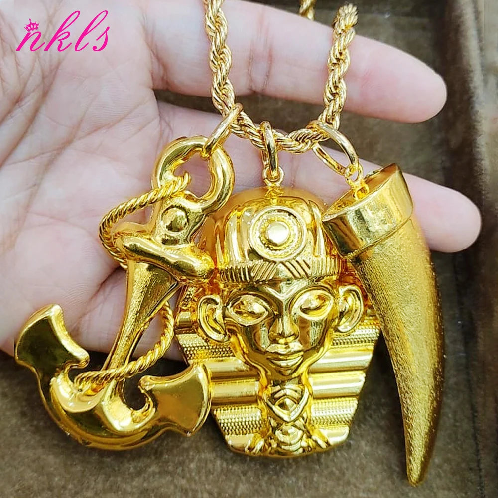 Plated African Dubai Men Head Pendant Necklace 60cm Chain Hip Hop Jewelry Gift
