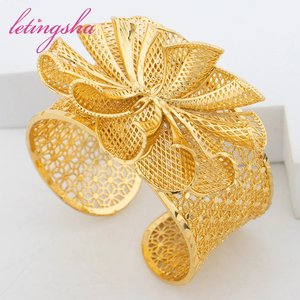 Dubai Fashion Flower Cuff Bangle with Ring Set Indian Bride Gold Color Jewelry Bracelet Ring Wedding Party Gift Luxury Jewellery