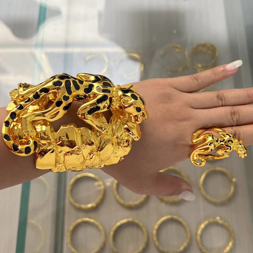 New arm cuff jewelry dubai Black leopard Bracelets ring Jewelry set Gothic Creative Fashion Party Gifts Wholesale