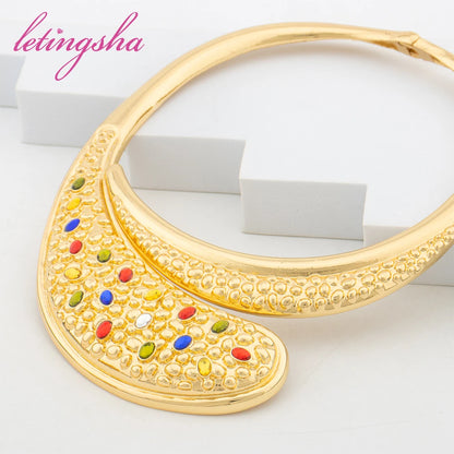 Fashion African Women Jewelry Dubai Luxury Gold Plated Necklace Earrings Bangle Rings Set Gold Color Jewelry Set for Party Gifts