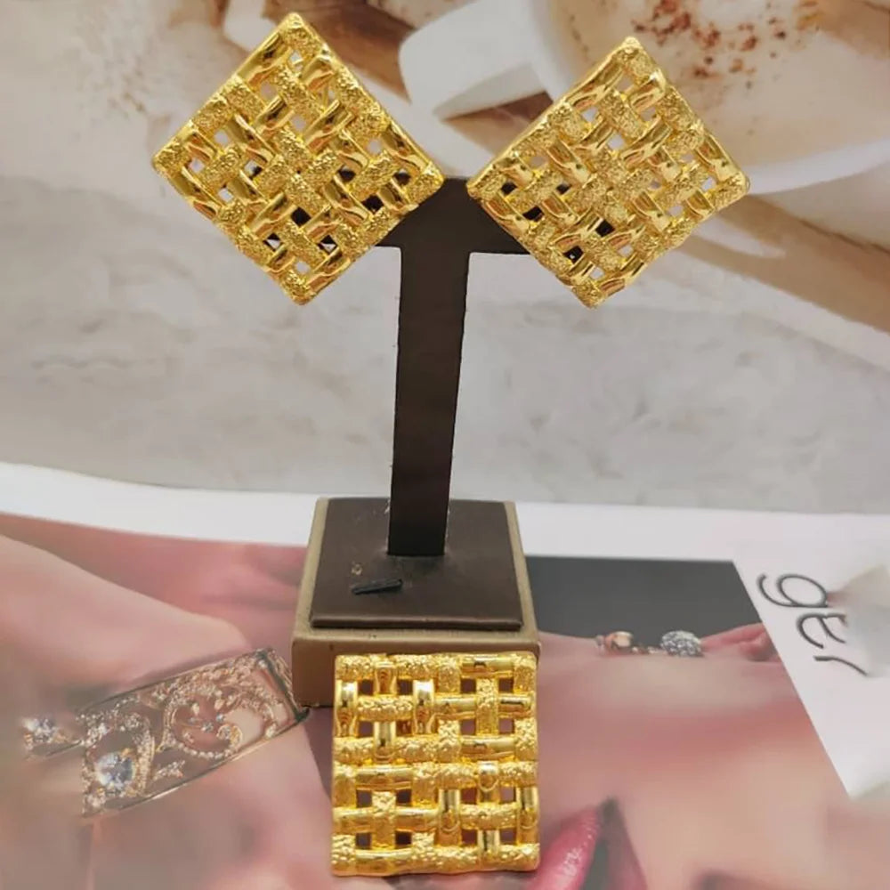 African 2pcs jewelry set bohemia Gold Color earrings ring Set for Women weddings earrings ring anniversar Jewelry