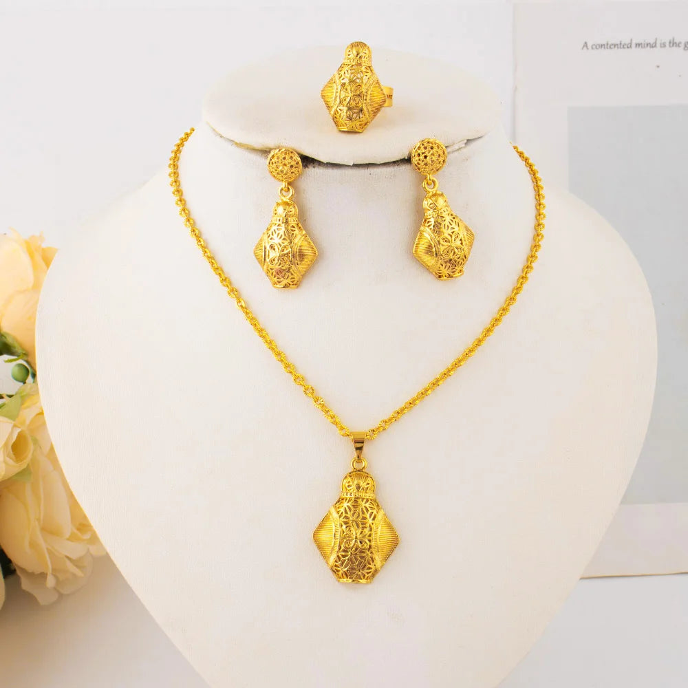 Mid East Luxury Gold Plated Necklace Ring Earrings Set for Women Gold Color Elegant Jewelry Gift for Nigeria Bride Wedding Party