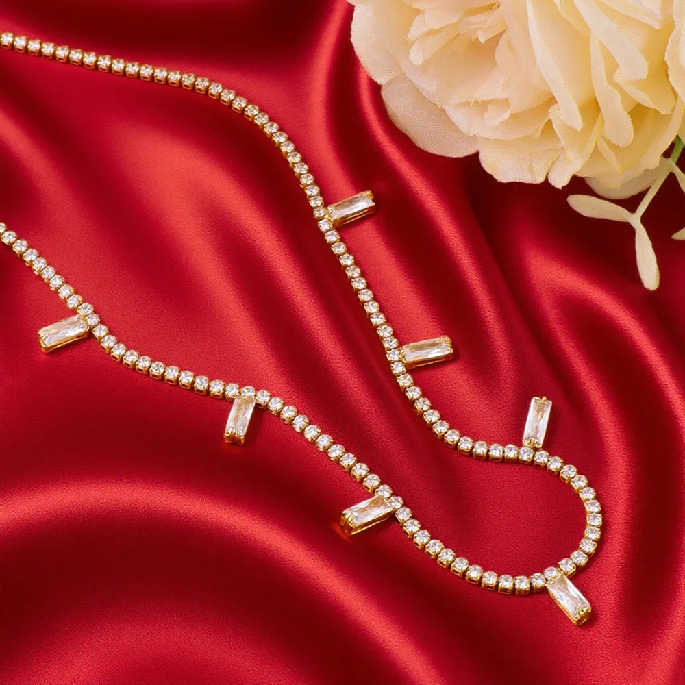 Waterproof Hypoallergenic Colorful Cubic Zirconia Stone Necklace Jewelry Set 18K Gold Plated Women's Necklace Jewelry