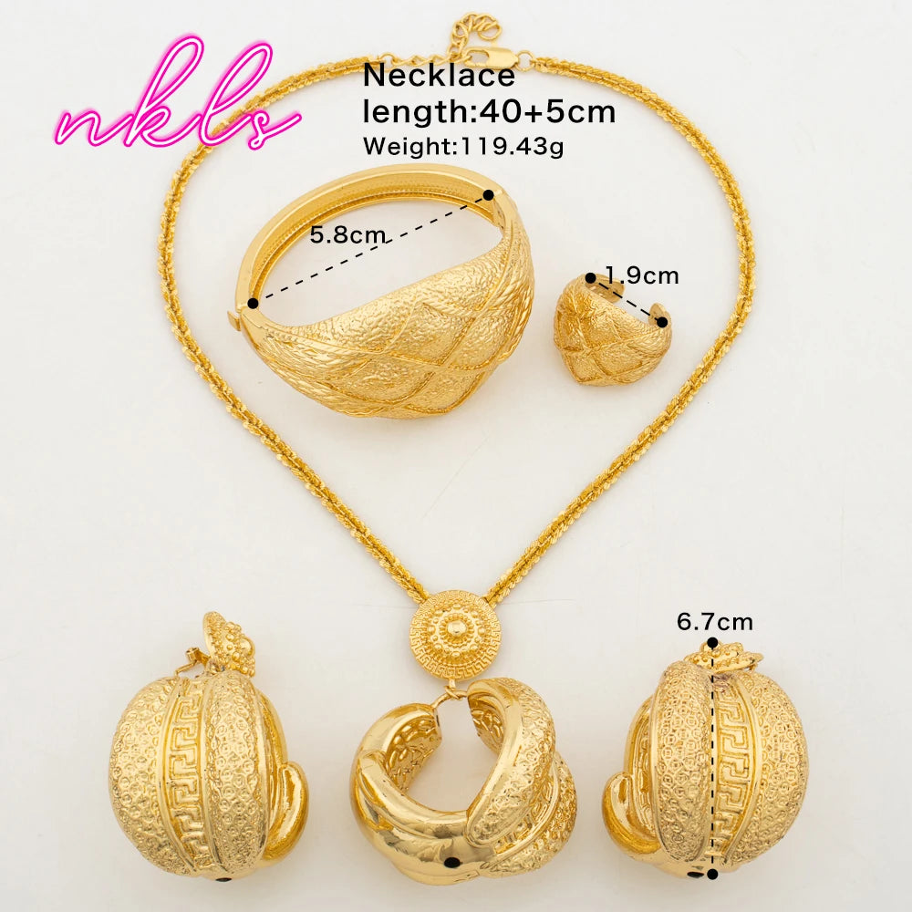 African Jewelry Set for Women Gold Color Necklace Earrings Drop Earrings Necklace Banquet Bride Bangle Ring Set Daily Wear