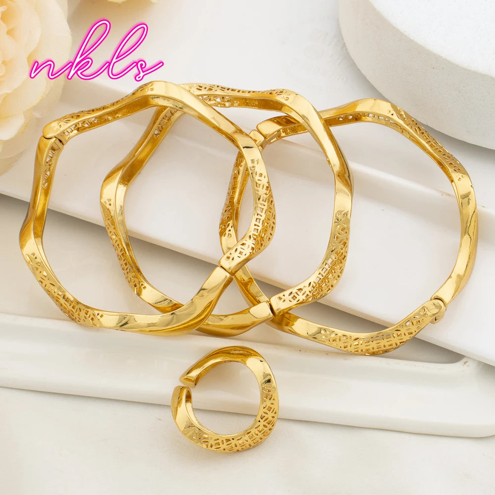 18K Gold Plated Brass Luxury Cuff Bangle & Ring Set, Saudi Vintage Wedding Jewelry for Women, Elegant Jewelry Women Set
