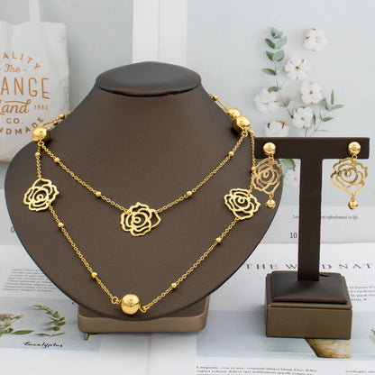 Dubai Bead Chain & Rose Flower Pendant Set, Long Necklace Earring Set for Bride Luxury Jewelry Sets Women Gift