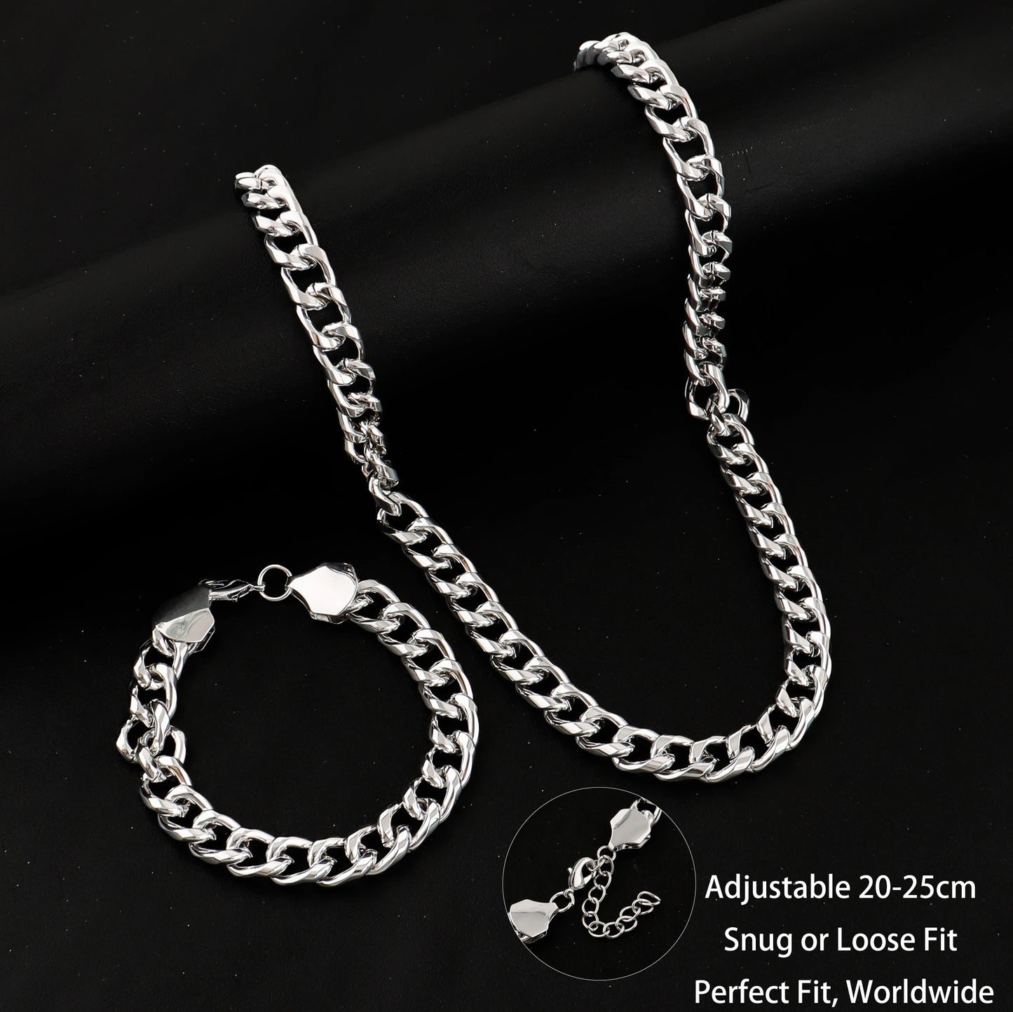 Classic Cuban Chain Set Necklace and Bracelet 2Pieces Set for Men and Women Suitable for Any Occasion
