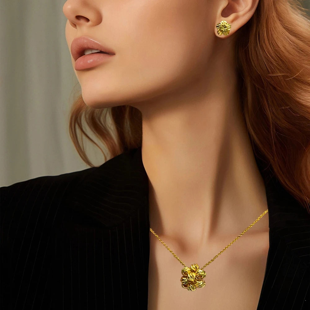 Fashion Gold Color Jewelry For Women Gold Color Stainless Steel Pendant Necklace Earring Set Party Gifts