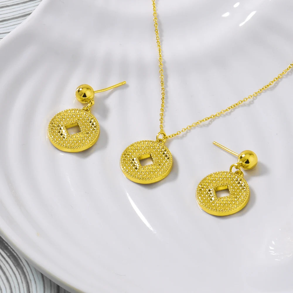 Color Women Earrings Clavicle Chain Set Gold Plated Coin Shape Pendant Delicacy Jewelry Set Fot Party Wedding Birthday Gift