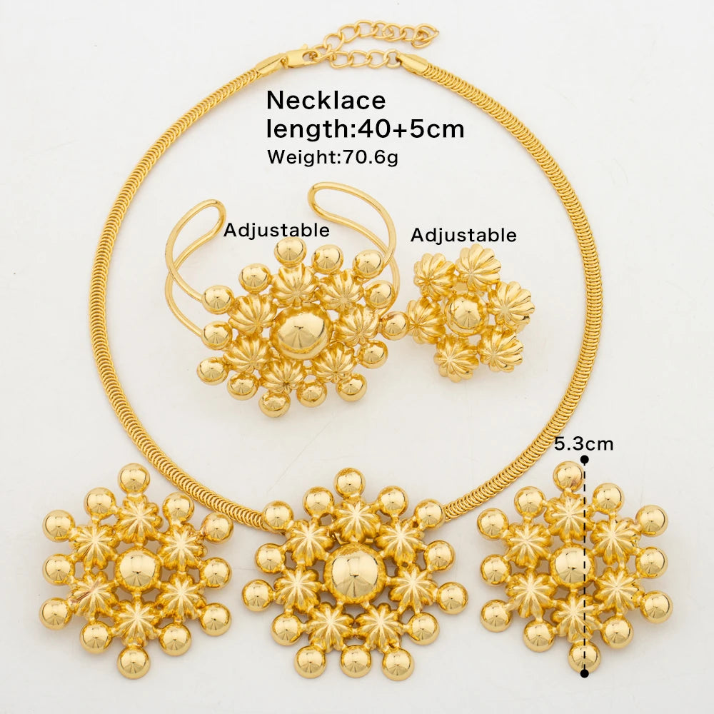 Africa Snowflake Design Necklace Earrings Jewelry Set for Women Fashion Gold Color Italy Copper Bracelet Ring Christmas Gift