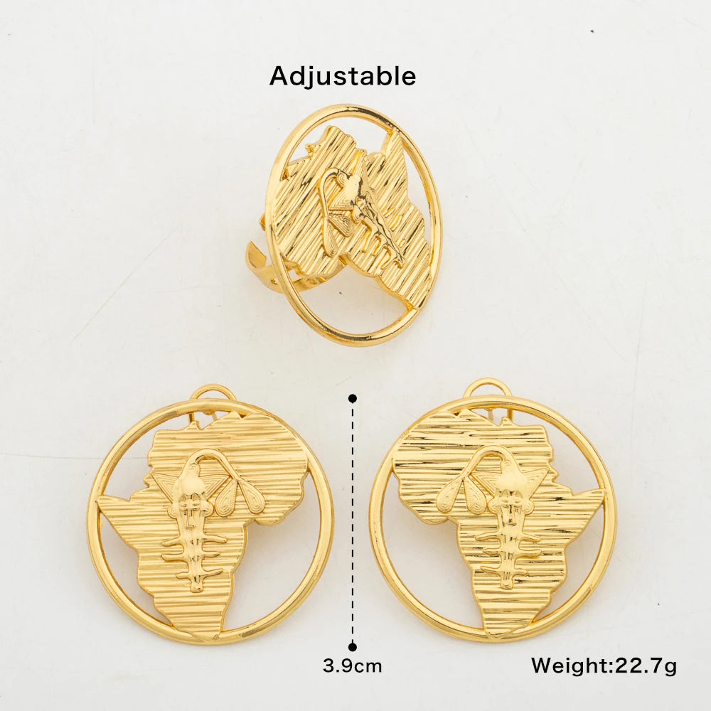 Dubai Gold Color Jewelry Set for Ladies African Map Design Earrings and Finger Ring 2Pcs Set for Engagement Jewelry Accessories