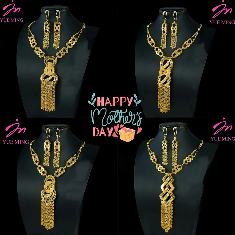 Luxury Arabic Gold Wedding Jewelry Set 24k Gold Plated Dubai Bridal Necklace Earrings Oman Women Vintage Jewelrys Gift For Mom