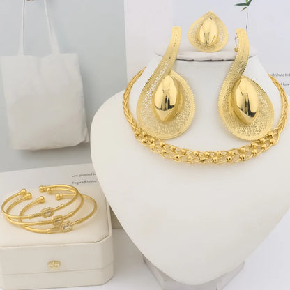 24K Gold-Plated Hollow Earrings Necklace Ring Bangle Jewelry Sets for Women, Unique Party Valentine Gift, Chic Jewellery Woman