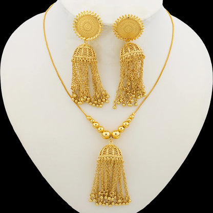 Nigerian Gold Color Jewelry Set for Women Hoop Earrings and Necklace Ethiopia Tassel Design Party Gifts Engagement Accessories