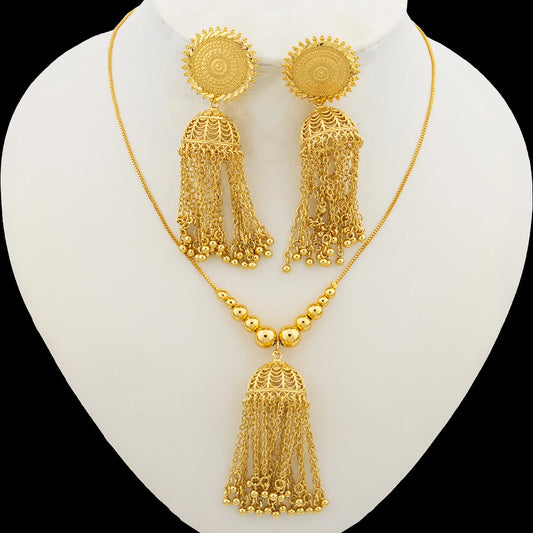 Nigerian Gold Color Jewelry Set for Women Hoop Earrings and Necklace Ethiopia Tassel Design Party Gifts Engagement Accessories