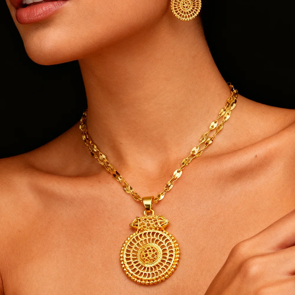 24k plated jewelry gifts ethiopian hollowing out Necklace and earrings rings set for women high quality plated jewelry sets gift