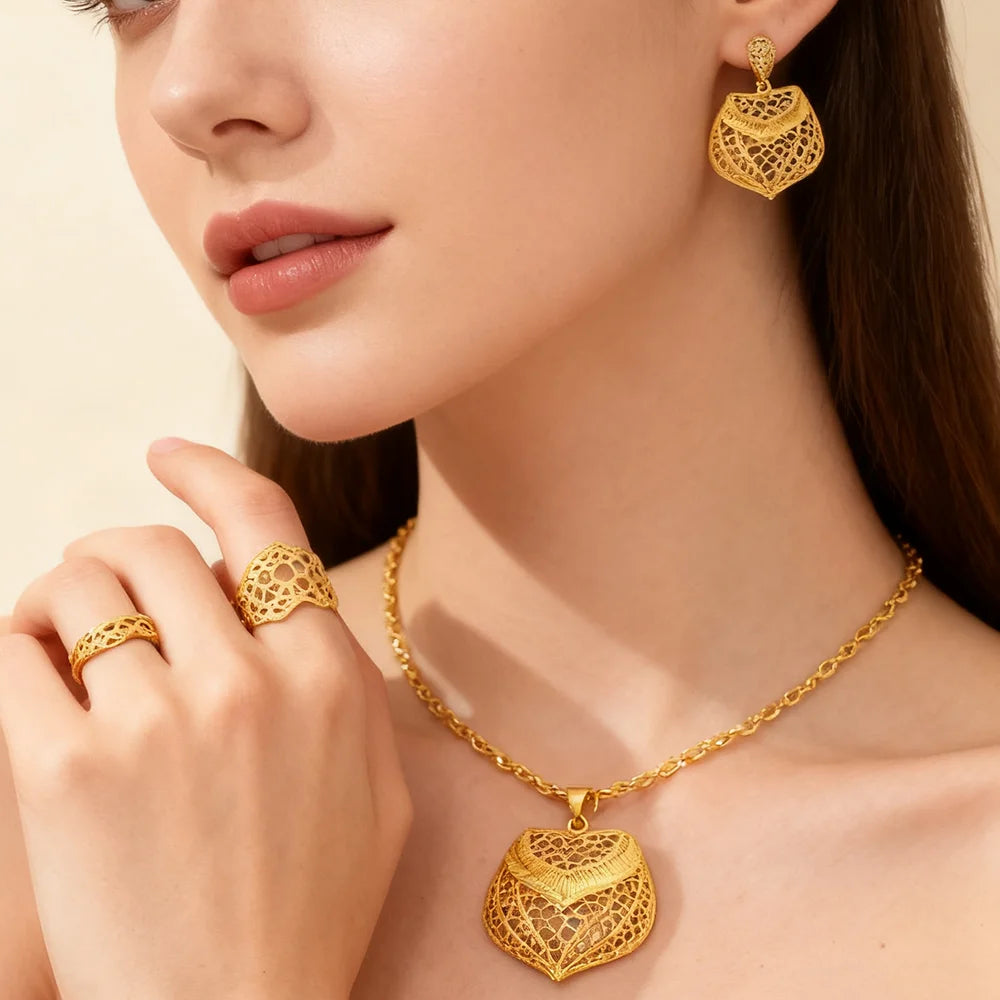 ethiopian jewelry set gold Special design Necklace and earrings Rings set for women high quality plated jewelry sets gifts
